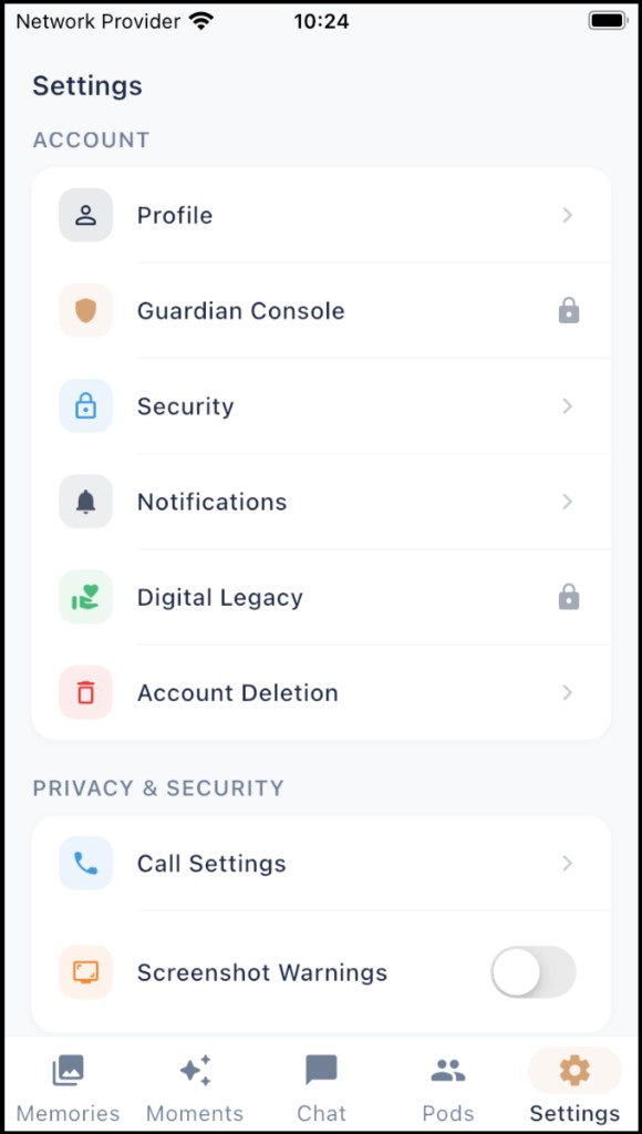 TrustedPods app - account settings with guardian controls and security